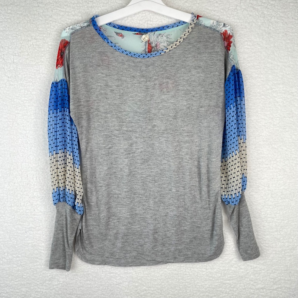 Tiny Anthropologie Mixed Media Floral Balloon Sleeve Top Grey Blue XS 71700T
